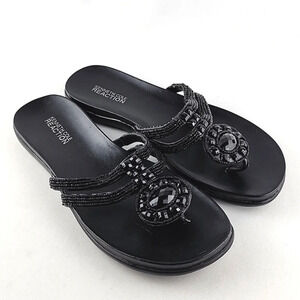 Kenneth Cole Reaction Women's Black  Glam Slam Flat Sandals Beaded Thong Size 8